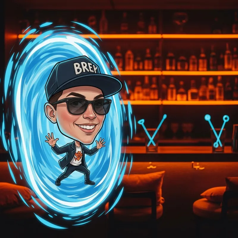 Caricature Emerges from Portal at Vibrant Bar Scene