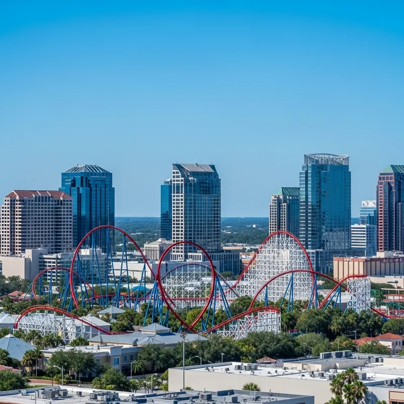 Urban Landscape of Orlando Florida with Roller Coasters