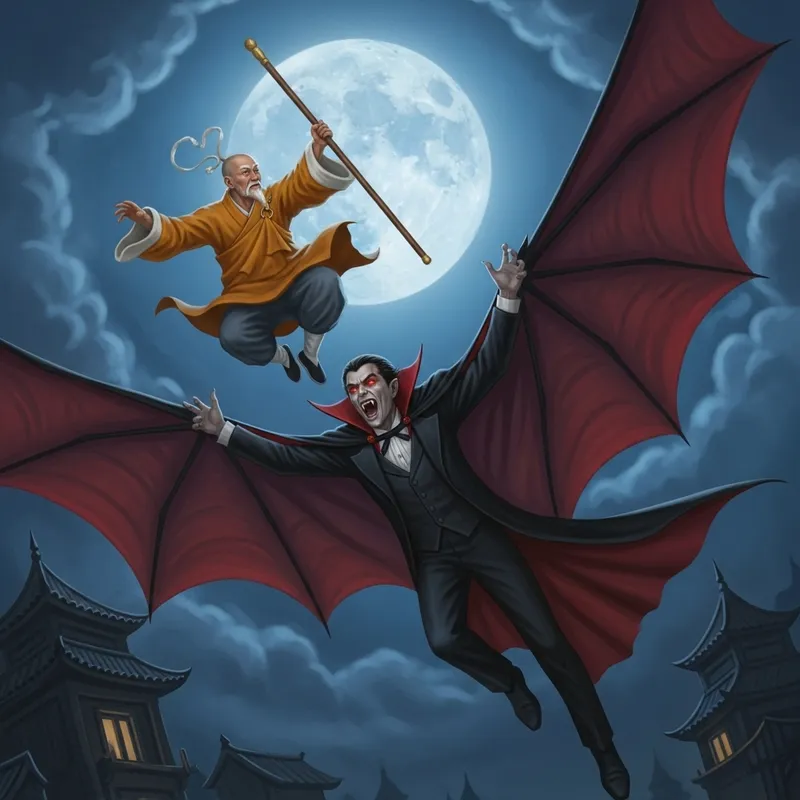 Epic Dracula vs. Chinese Monk Aerial Combat Under Moonlight