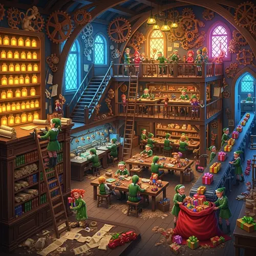 Enchanting Elf Workshop Crafting Toys in Magical Setting
