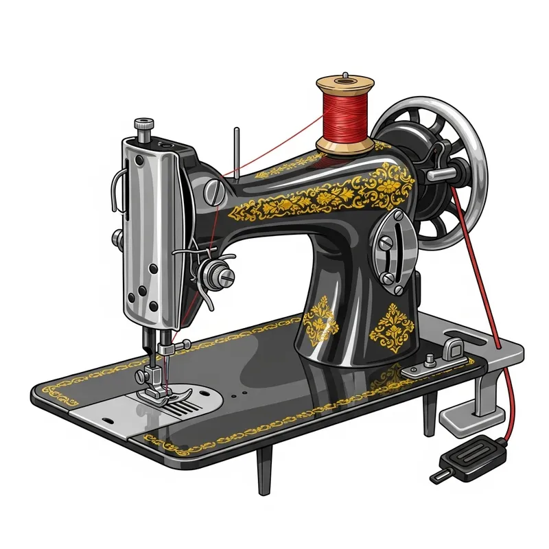 Stylish Sewing Machine with Vibrant Red Thread Illustration