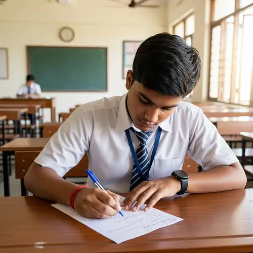 Diligent South Asian Student Taking Exam in Traditional Indian School Setting