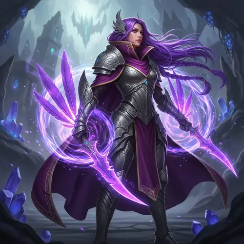 Fantasy Female Character with Vibrant Purple Hair and Magical Feathers