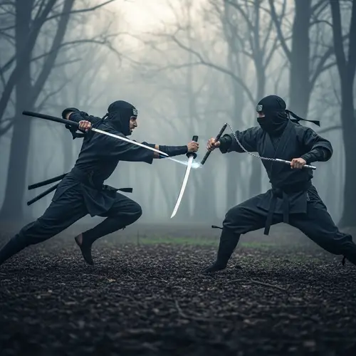 Epic Ninja Battle in Ancient Forest at Dusk