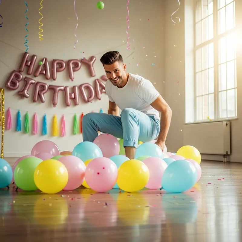 Handsome Guy Popping Balloons | Vibrant Party Room Fun