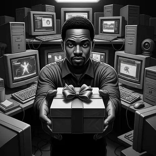 Vintage Poster Style Digital Painting: Web Programmer with Chiaroscuro Lighting