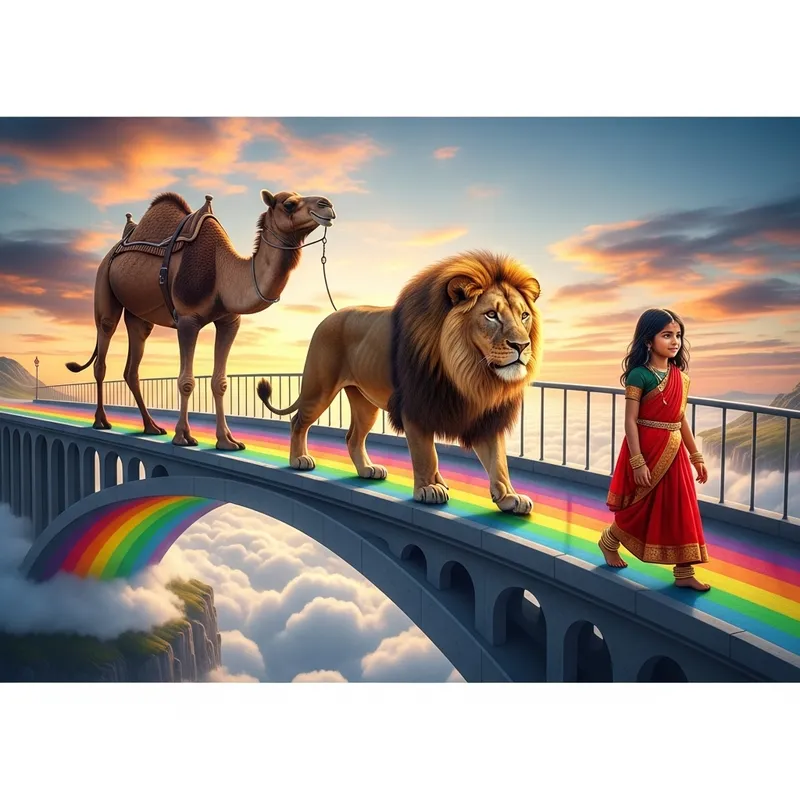 Majestic Lion, Camel, and Child Crossing Rainbow Bridge
