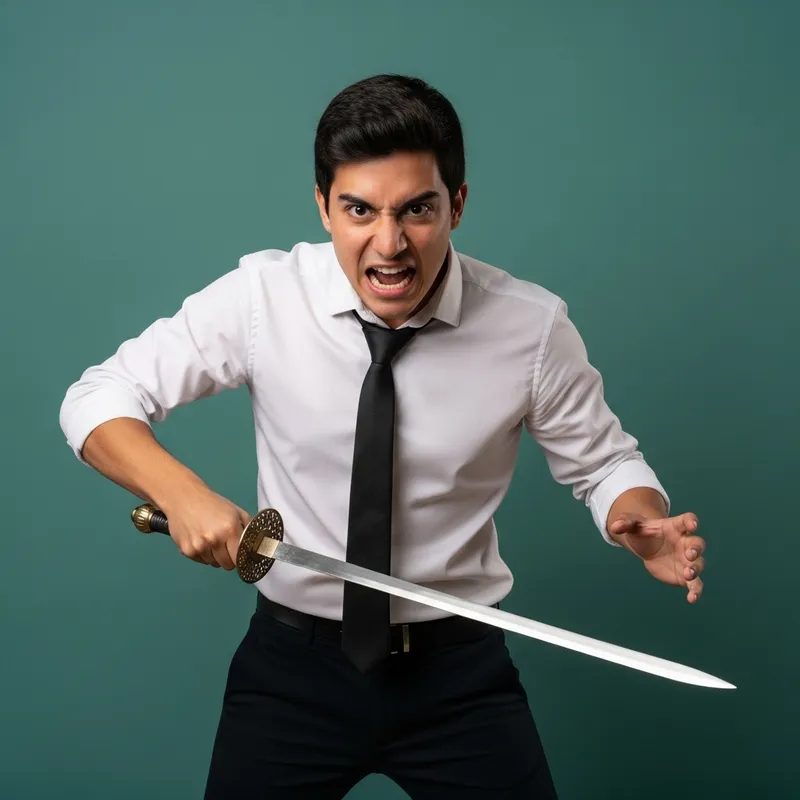 Hispanic Young Man in White Shirt and Black Pants Holding Sword with Angry Expression