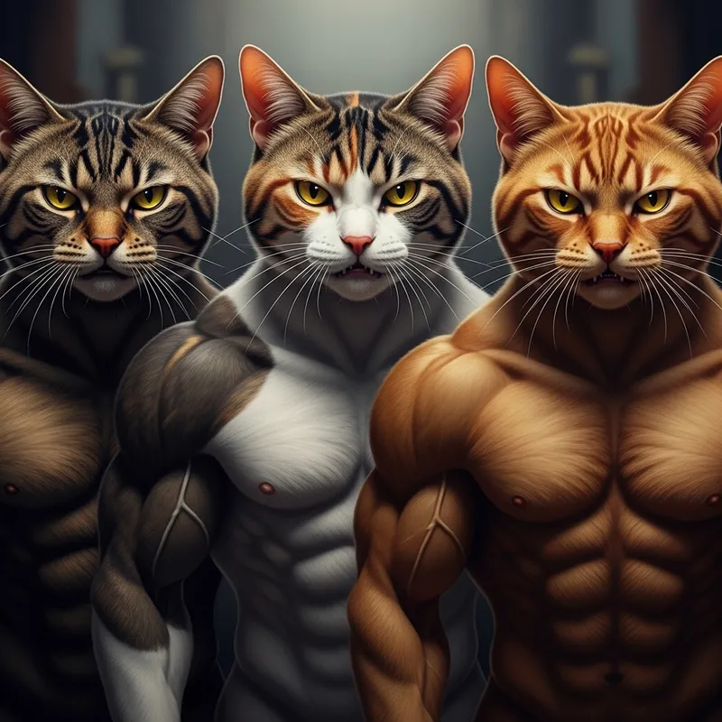 Angry Muscular Cats - Three Feline Gazes