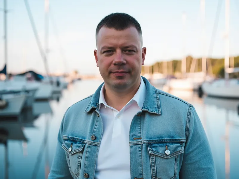 Model in Light Blue Denim Jacket at Marina