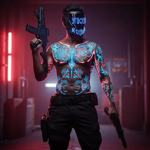 Cyberpunk South Asian Man with Glowing Neon Tattoos and LED Helmet