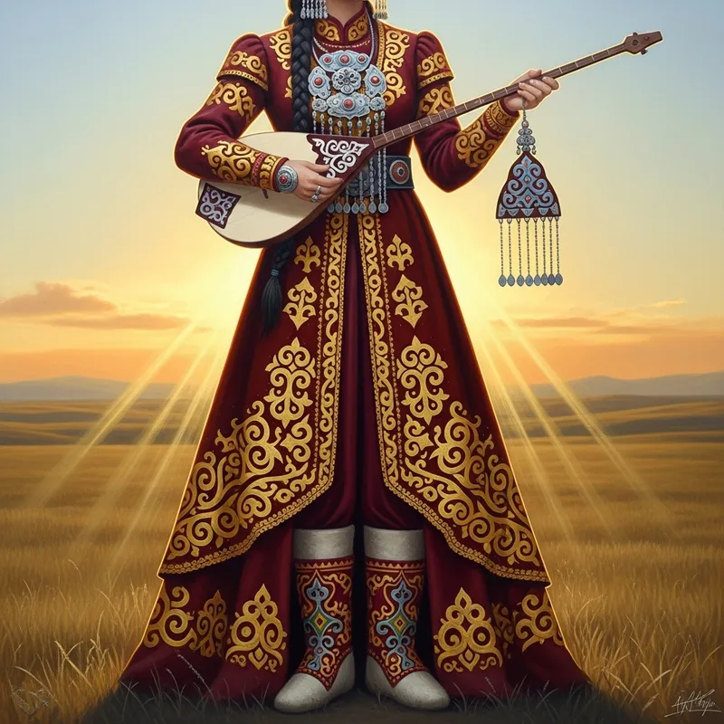 Kazakh National Clothes with Ornate Designs at Sunset Steppe