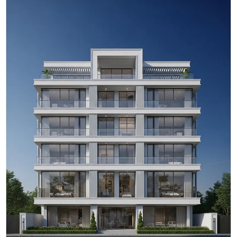 Modern Four-Storey Building | Architectural Elegance with Green Landscaping Modern Four-Storey Building | Architectural Elegance with Green Landscaping
