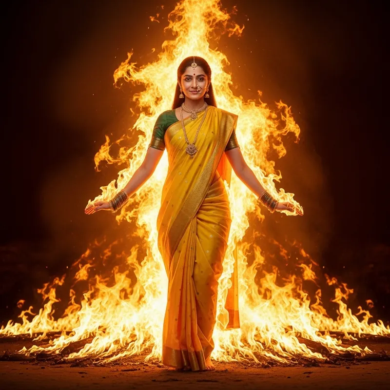 Draupadi Emerging in Divine Yellow Saree from Blazing Fire Draupadi Emerging in Divine Yellow Saree from Blazing Fire