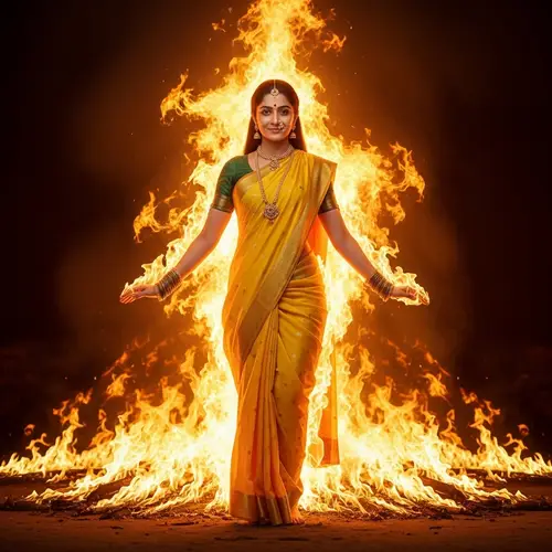 Draupadi in Glowing Yellow Saree - Divine Fire Emergence