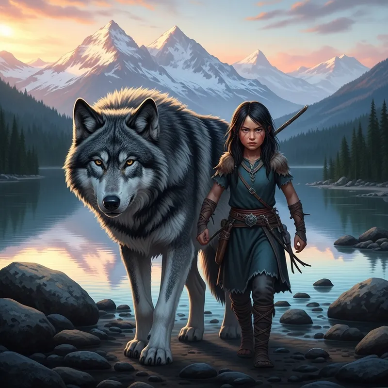 Feared Asian Girl and Wolf by Serene Lake | Majestic Wilderness Scene