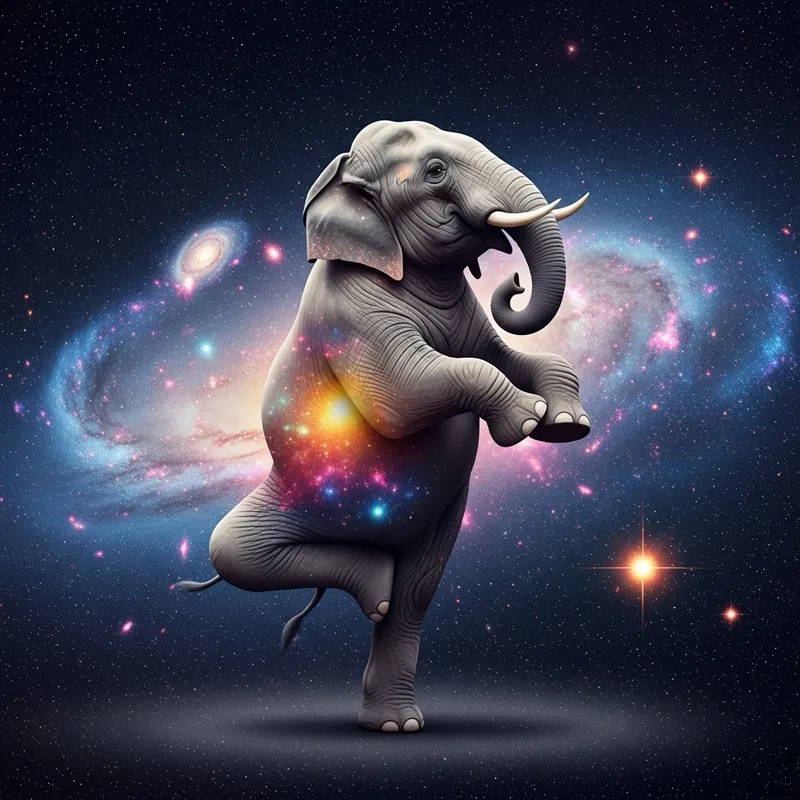 Elephant Yogi in Garudasana Pose in Cosmic Space Elephant Yogi in Garudasana Pose in Cosmic Space