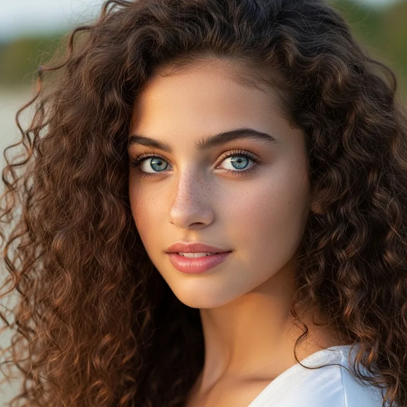 Photorealistic Beautiful Girl with Azure Blue Eyes and Long Curly Brown Hair
