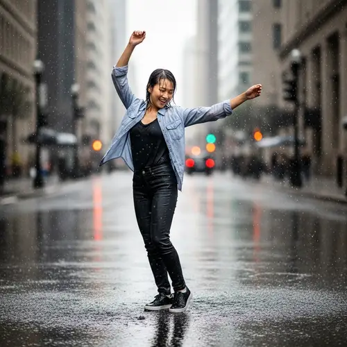 Joyful Asian Woman Dancing in Rain | Urban City Setting