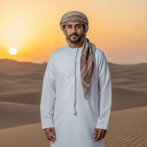 Arabian Man Poised Against a Sunset in Traditional Garb