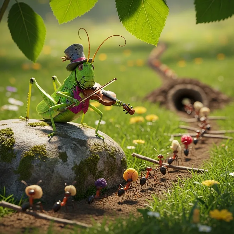 Cheerful Grasshopper Fiddling | Industrious Ants Collecting Food