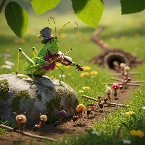 Jovial Grasshopper Playing Fiddle | Ants Gathering Food