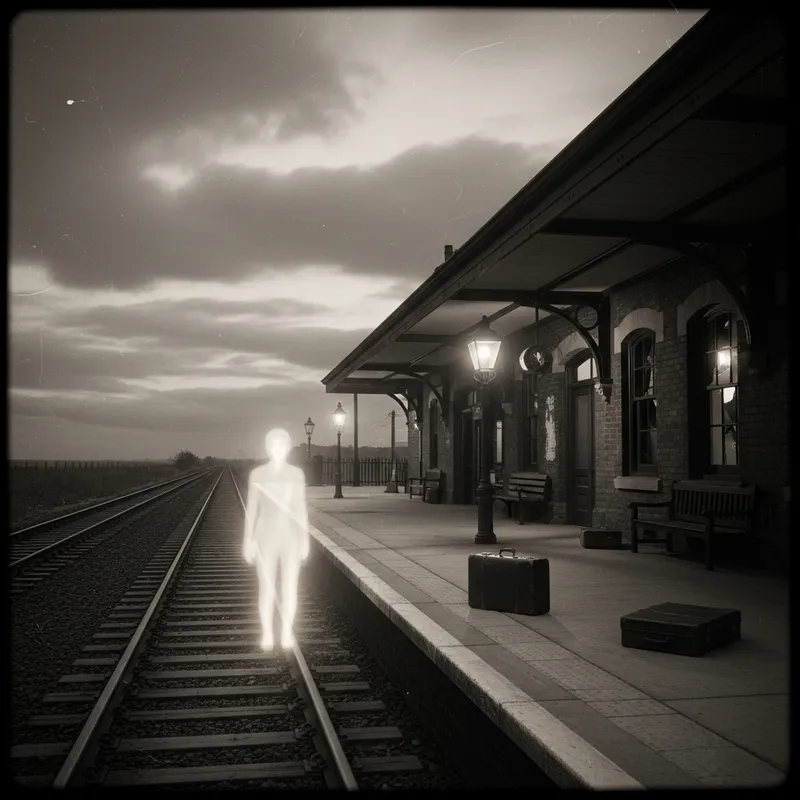 Vintage Haunted Train Station with Ghostly Apparition