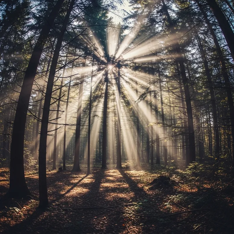 Captivating Mystical Forest Scene with Sunlight Rays