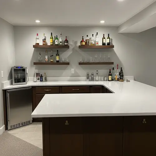 Stylish Basement Bar with L-Shaped Quartz Island