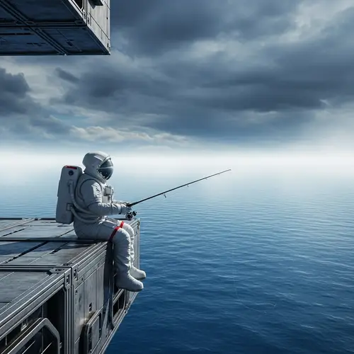 Astronaut Fishing on Spaceship Over Water