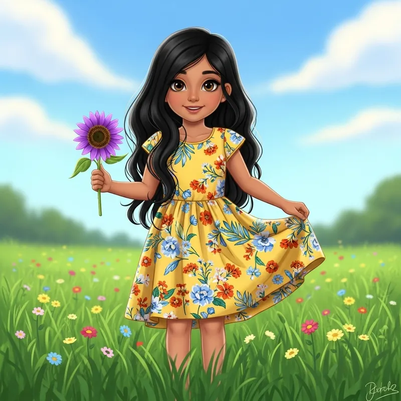 Young Hispanic Girl in Yellow Dress with Sunflower
