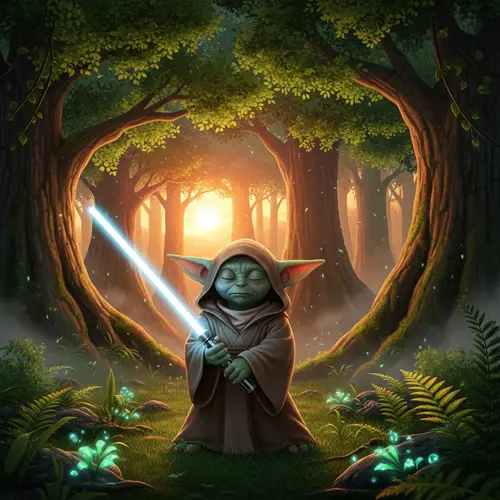 Master Yoda - Wise Green Humanoid with Lightsaber in Lush Forest