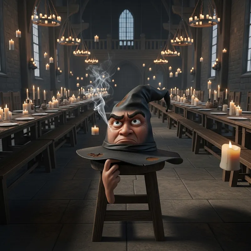 Dramatic Hogwarts Great Hall Illustration with Sorting Hat