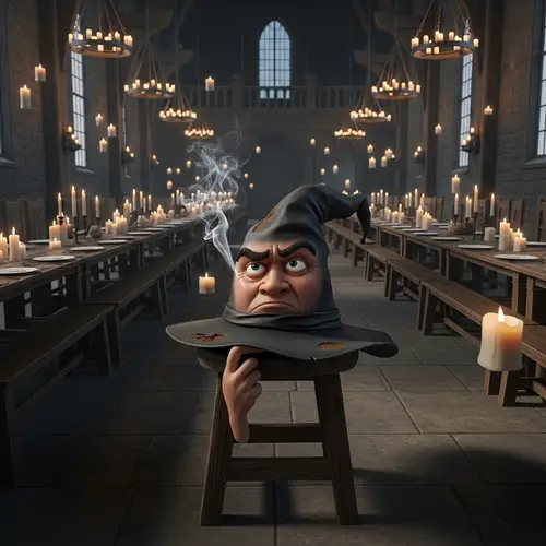 Enchanting Hogwarts Great Hall Illustration with Sorting Hat