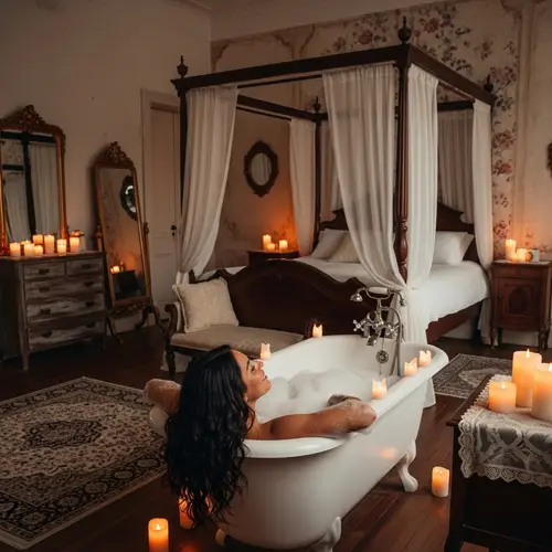 Hispanic Woman Enjoying Bubble Bath in Spacious Bedroom