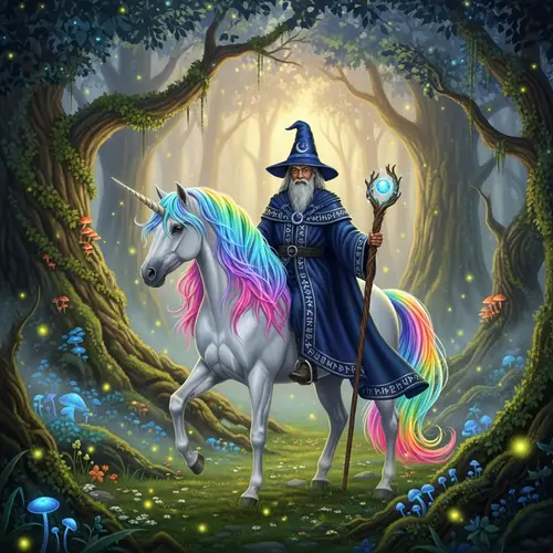 Mythical Forest with Rainbow-Maned Unicorn and Wise Wizard