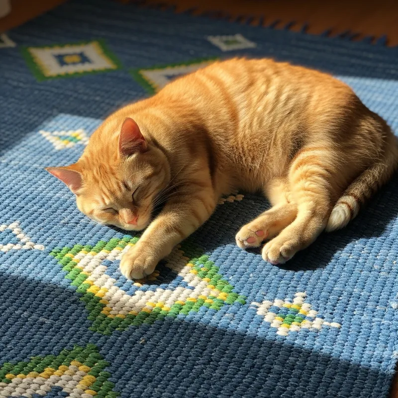 Adorable Ginger Cat Sleeping on Blue Rug