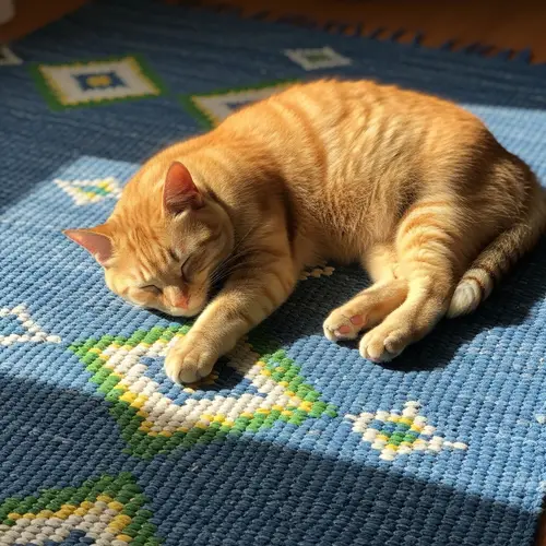 Ginger Cat Sleeping Peacefully on Blue Woven Rug