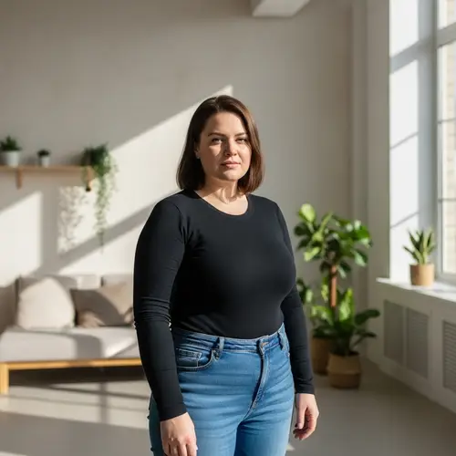 Confident Caucasian Woman Standing Proudly in Modern Space