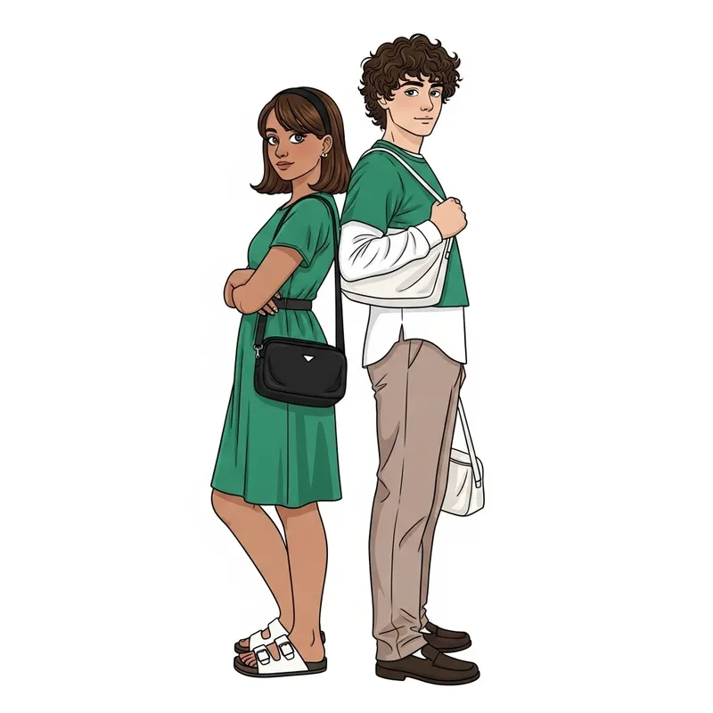 Middle-Eastern Girl in Green Dress and Caucasian Boy Fashion Pose
