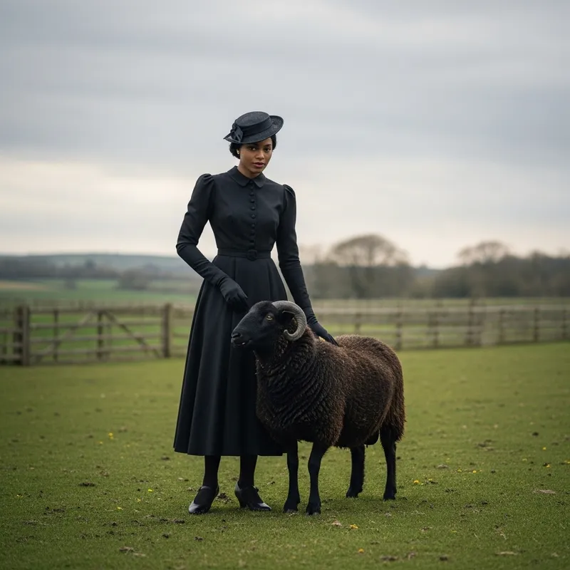 Vintage Black Woman in Stylish Country Setting with Sheep
