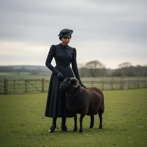 Vintage Countryside Scene with Stylish Black Woman and Black Sheep
