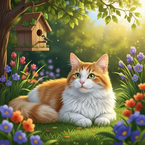 Fluffy Cat Lounging in Garden - White and Orange Stripes Cat