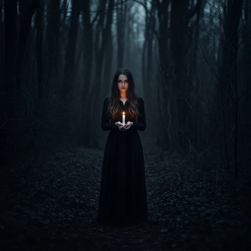 Dark Long Haired Woman in Black Forest Night Scene