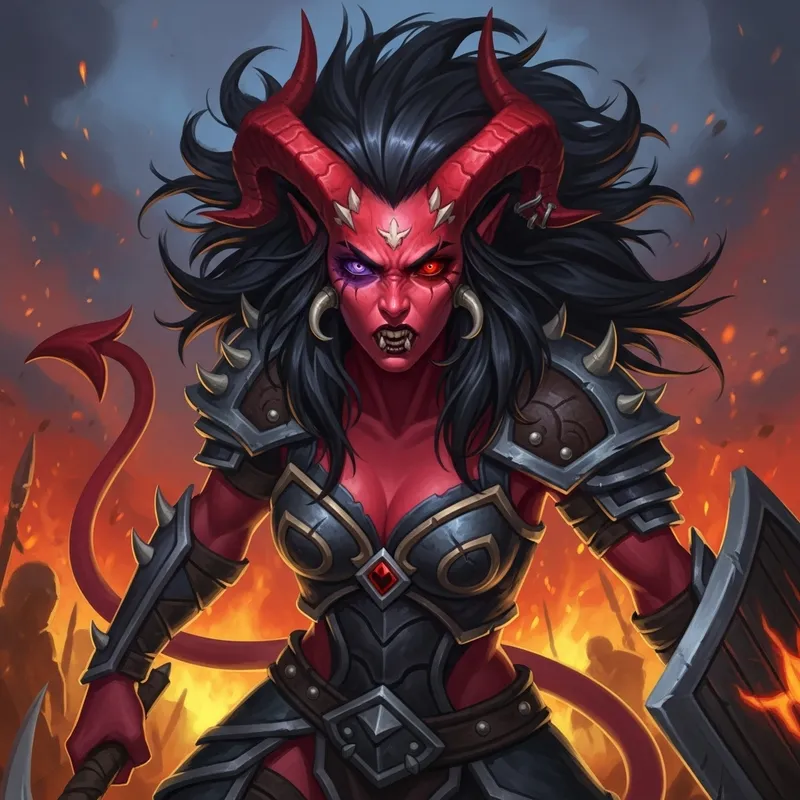 Red-Skinned Female Tiefling Barbarian in Fiery Battle