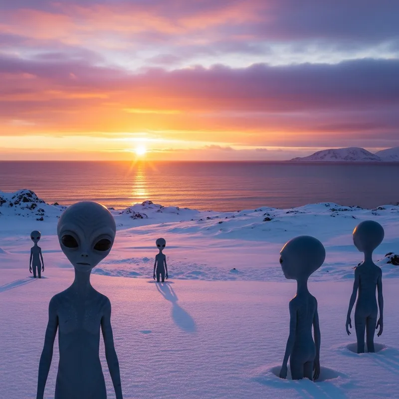 Breathtaking Snowy Sunset with Sea and Aliens