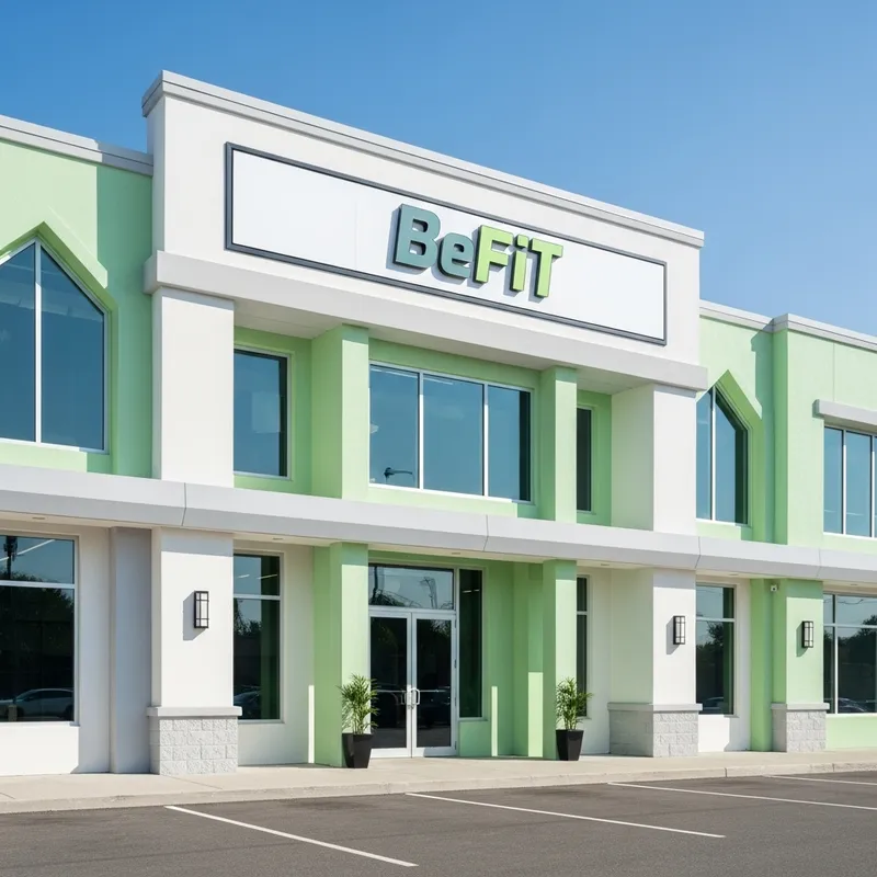 Energetic Pastel Green & White Fitness Gym Facade with BeFit Sign