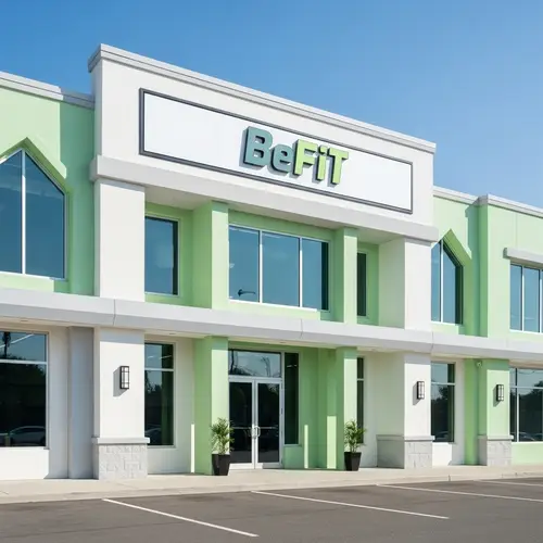 Harmonious Pastel Green Fitness Gym Facade with BeFit Sign