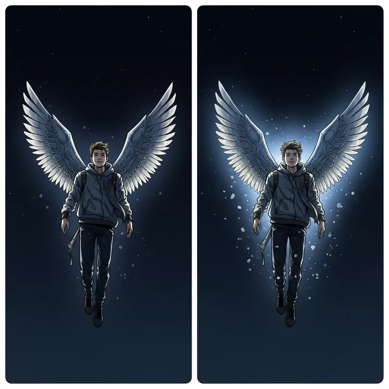 Teenage Boy with Imaginary Wings in Night Depths | 2D Art: Creative Concept vs Original Teenage Boy with Imaginary Wings in Night Depths | 2D Art: Creative Concept vs Original