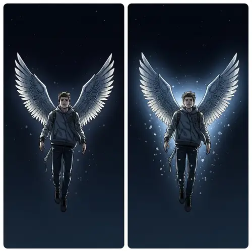 Teenage Boy with Imaginary Wings in Night Depths | 2D Art